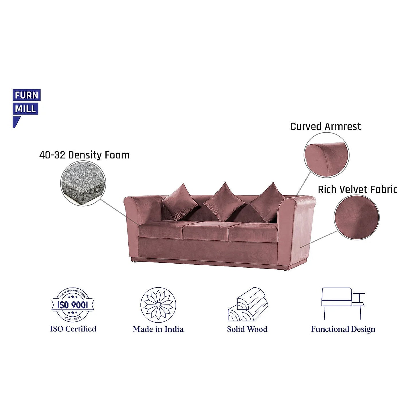 Hudson 3 Seater Fabric Sofa (Velvet, Mauve)