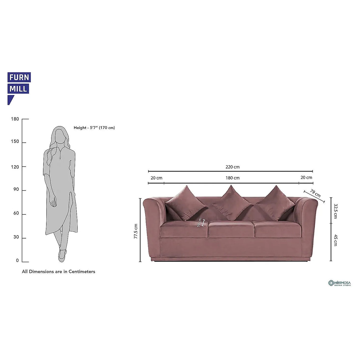 Hudson 3 Seater Fabric Sofa (Velvet, Mauve)