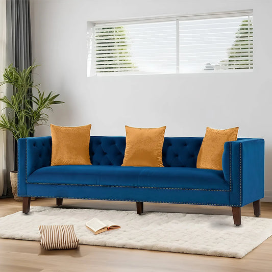 Manchester 3 Seater Wooden Sofa (Velvet, Blue)