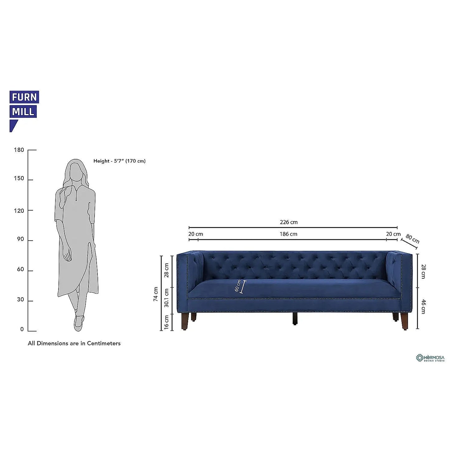 Manchester 3 Seater Wooden Sofa (Velvet, Blue)