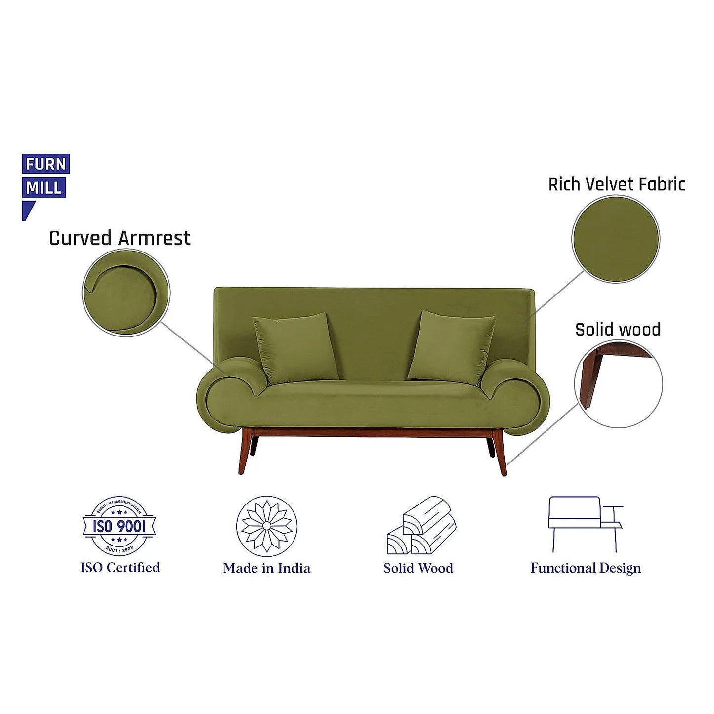 Kow Tow 2 Seater Wooden Sofa (Velvet, Green)