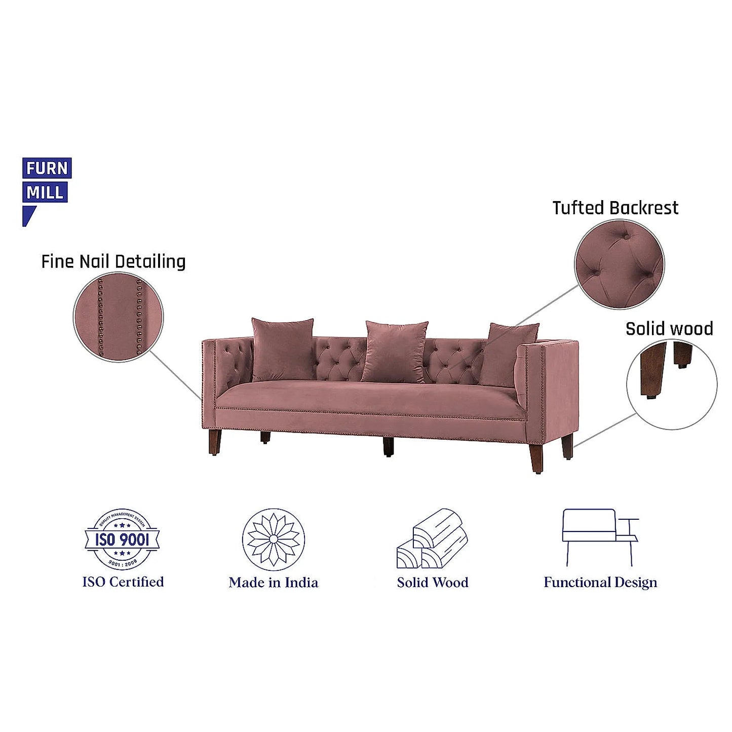 Manchester 3 Seater Wooden Sofa (Velvet, Mauve)
