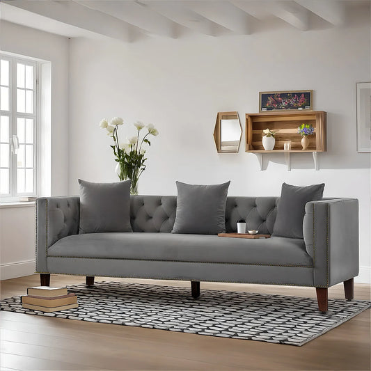 Manchester 3 Seater Wooden Sofa (Velvet, Grey)