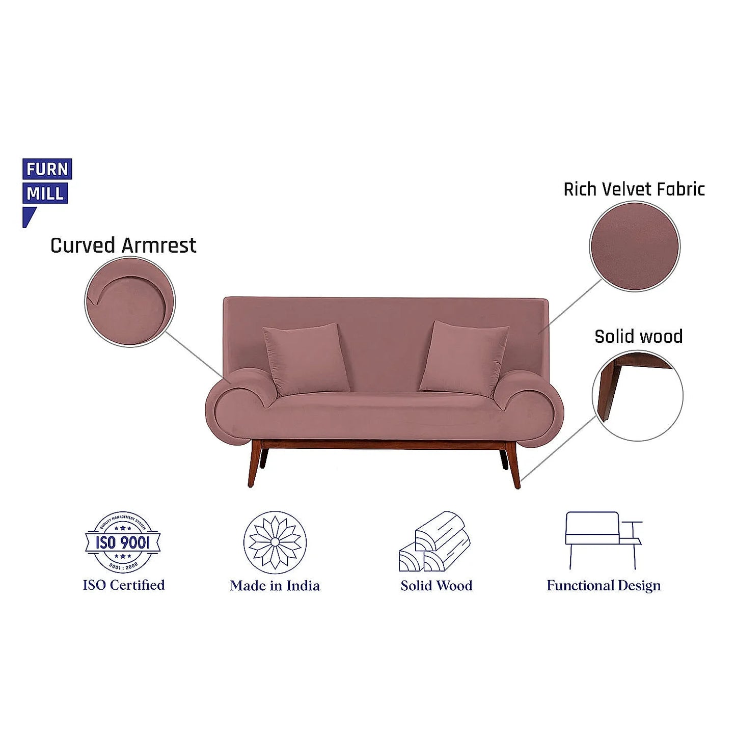 Kow Tow 2 Seater Wooden Sofa (Velvet, Mauve)