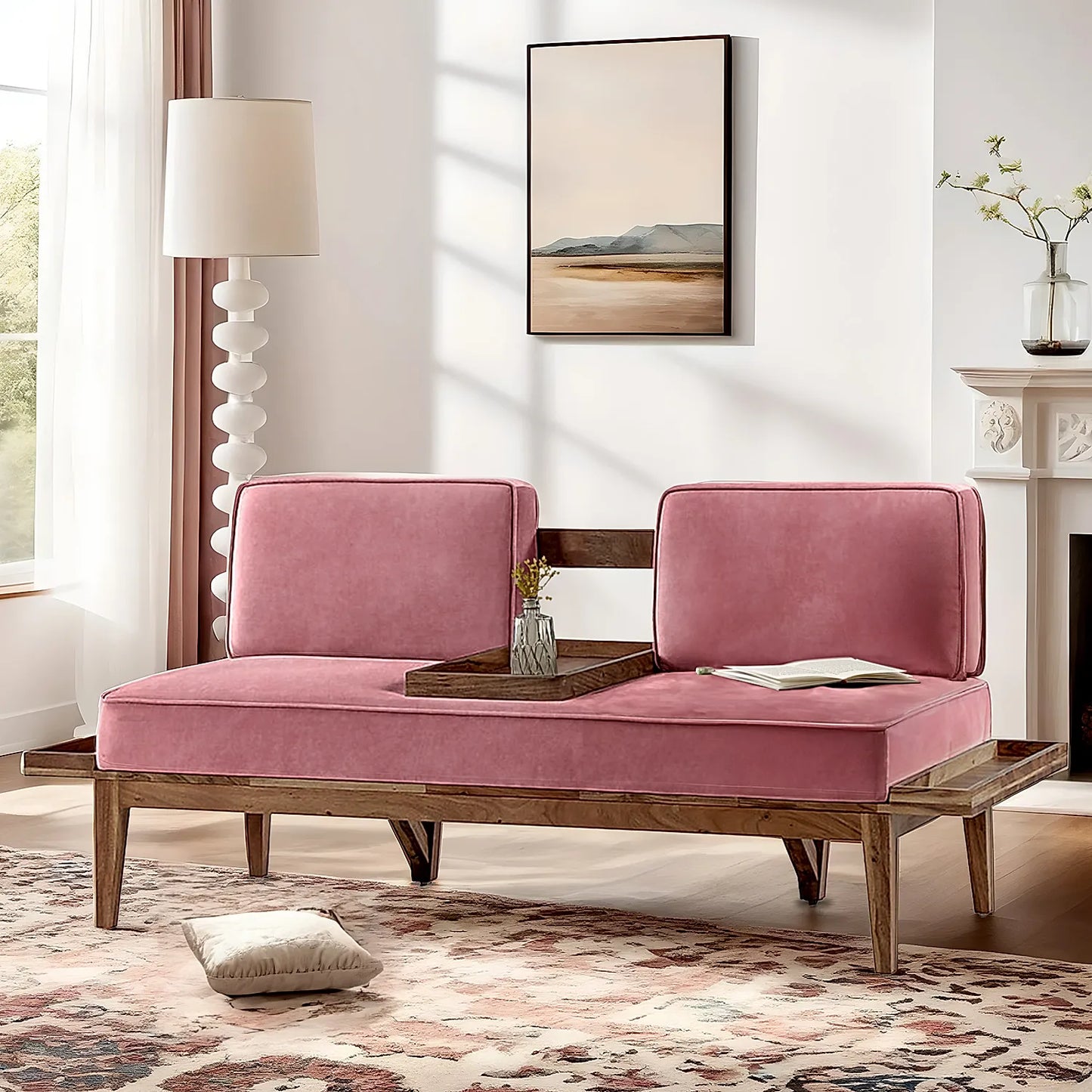Minika 2 Seater Wooden Sofa (Velvet, Mauve)