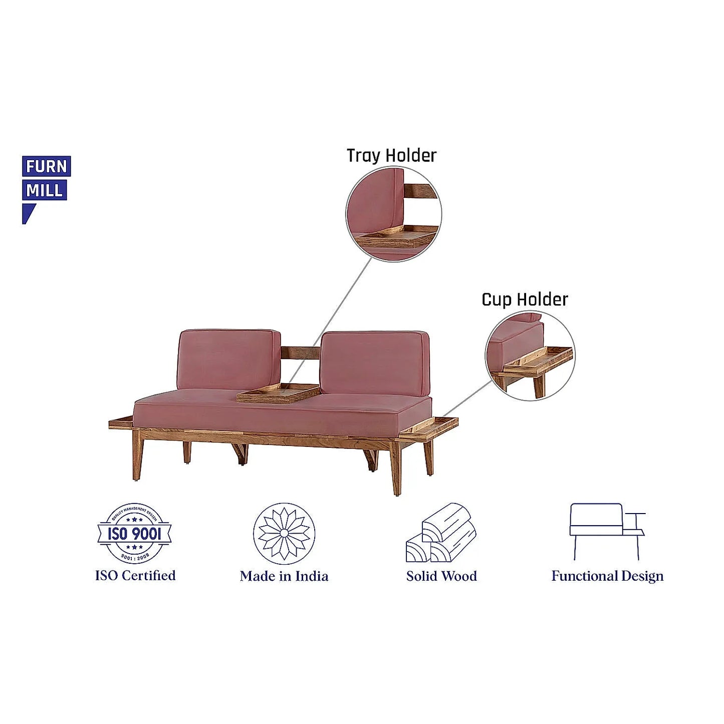 Minika 2 Seater Wooden Sofa (Velvet, Mauve)