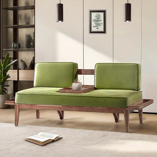 Minika 2 Seater Wooden Sofa (Velvet, Green)