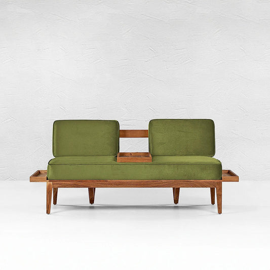 Minika 2 Seater Wooden Sofa (Velvet, Green)
