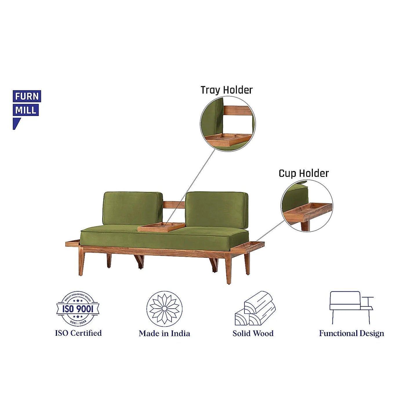 Minika 2 Seater Wooden Sofa (Velvet, Green)