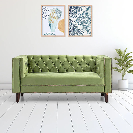 Manchester 2 Seater Wooden Sofa (Velvet, Green)