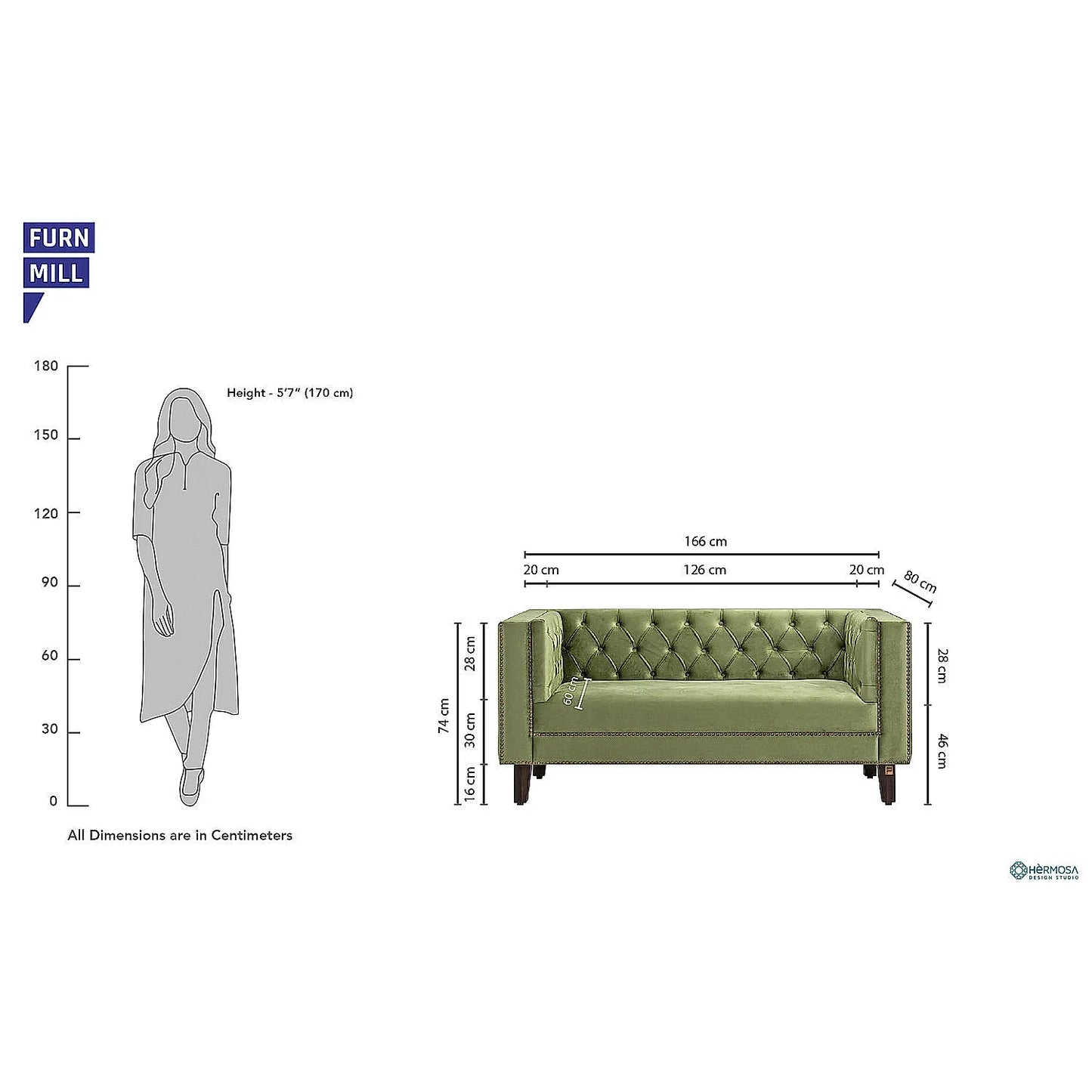 Manchester 2 Seater Wooden Sofa (Velvet, Green)