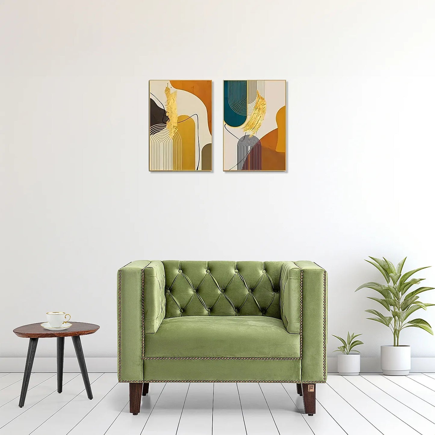 Manchester 1 Seater Wooden Sofa (Velvet, Green)