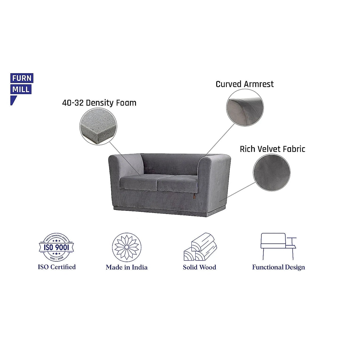 Hudson 2 Seater Fabric Sofa (Velvet, Grey)
