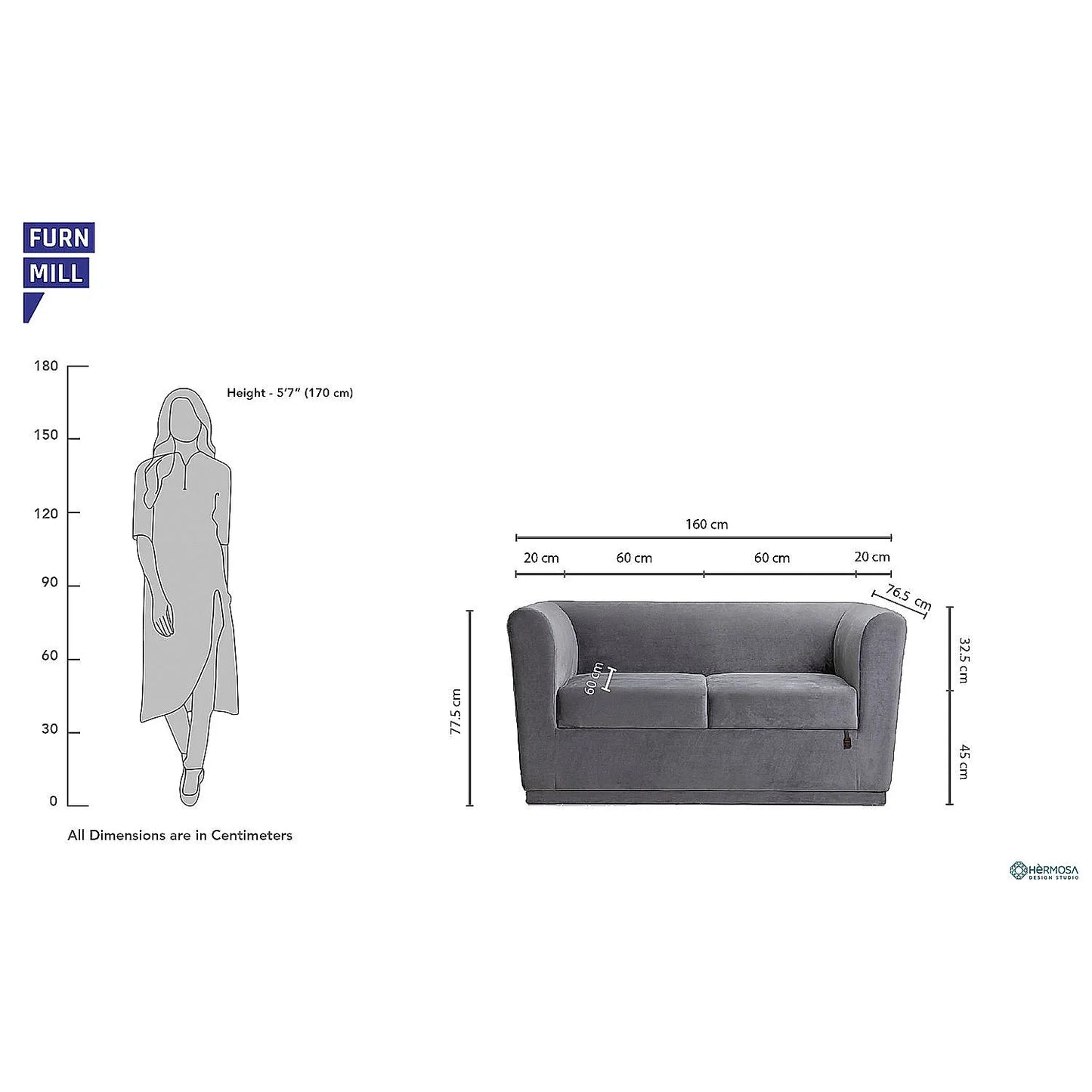 Hudson 2 Seater Fabric Sofa (Velvet, Grey)