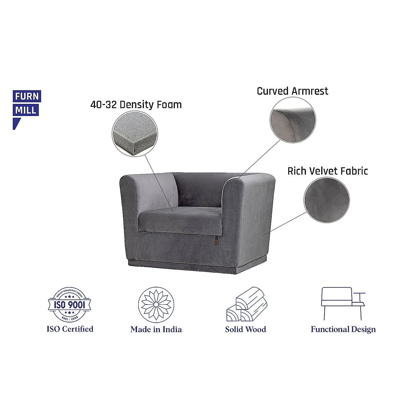 Hudson 1 Seater Fabric Sofa (Velvet, Grey)