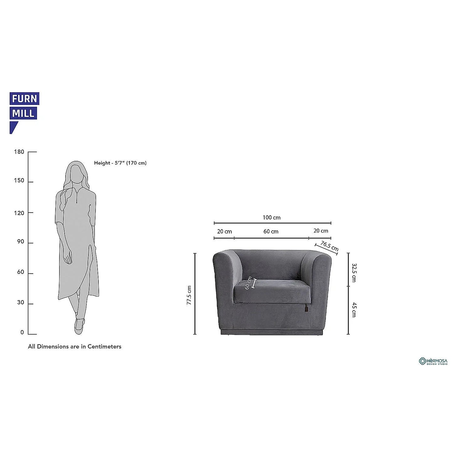 Hudson 1 Seater Fabric Sofa (Velvet, Grey)