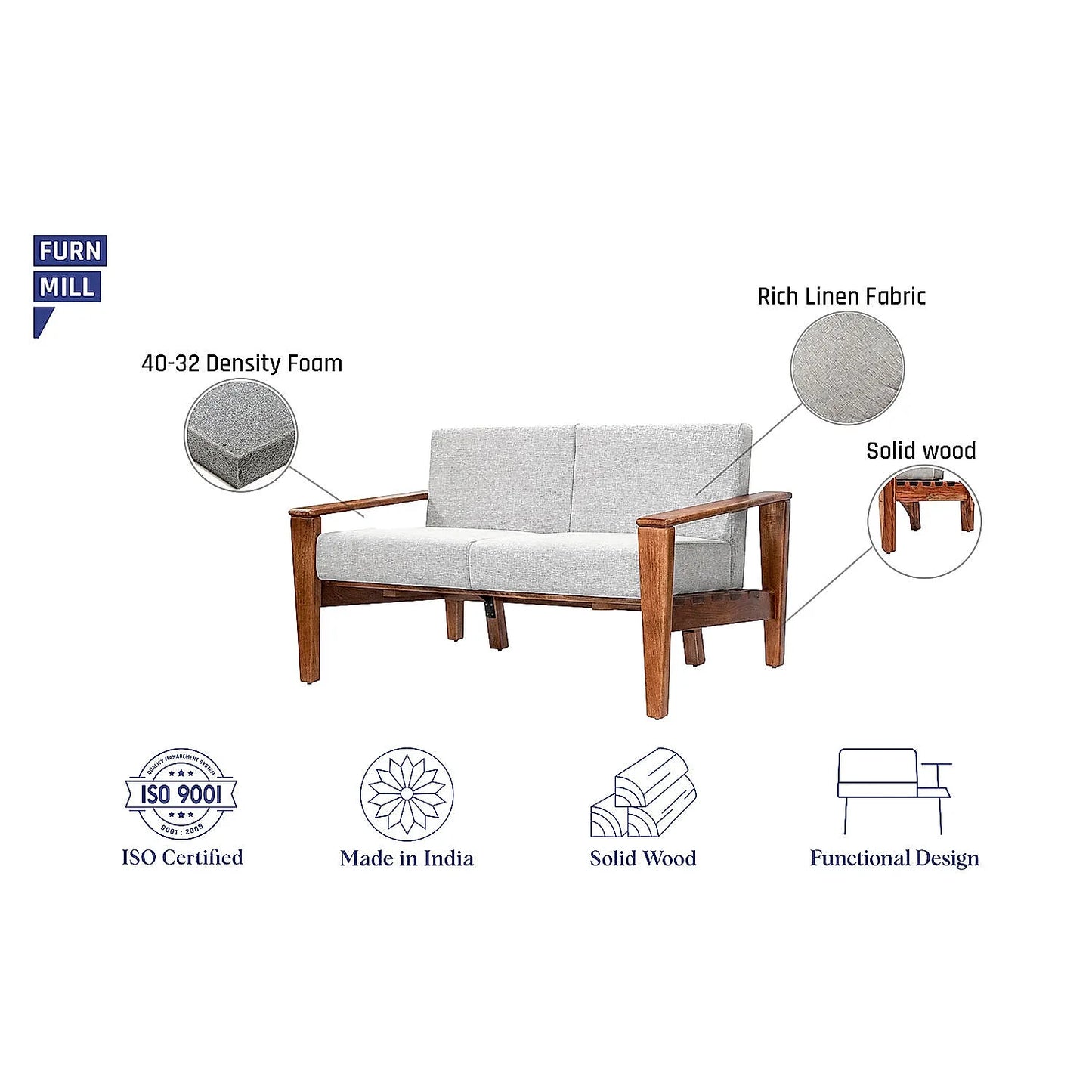 Adelia 2 Seater Wooden Sofa (Linen, Grey)