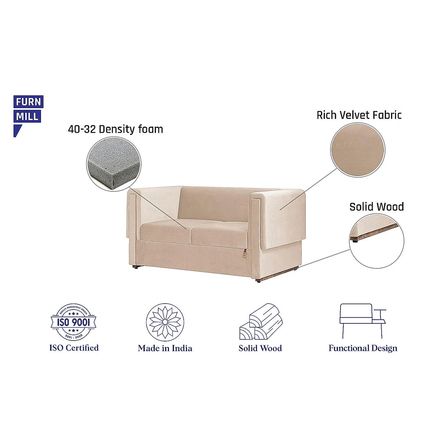 California 2 Seater Fabric Sofa (Velvet, Beige)