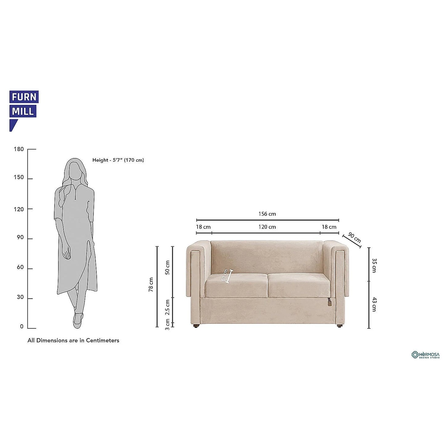 California 2 Seater Fabric Sofa (Velvet, Beige)