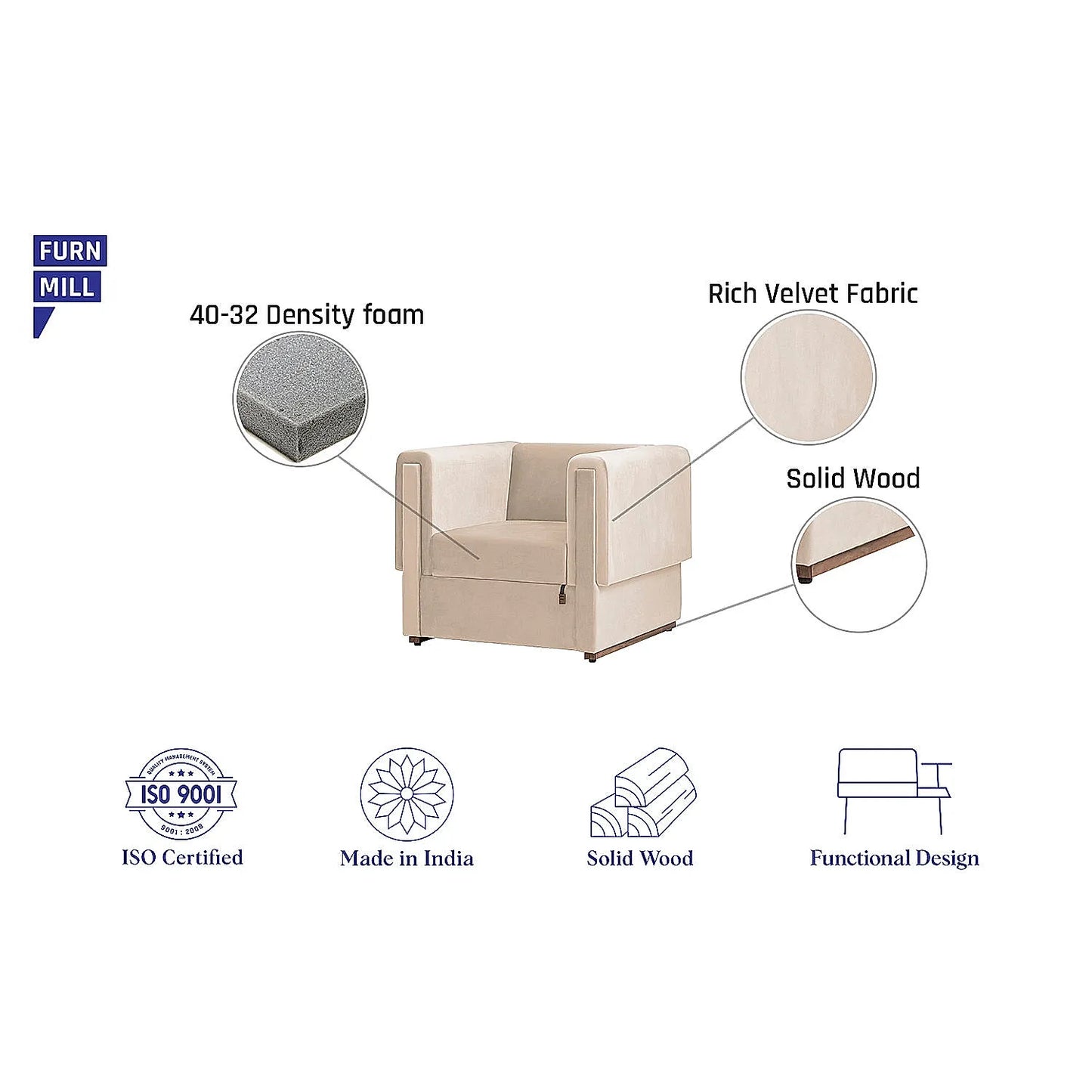 California 1 Seater Fabric Sofa (Velvet, Beige)