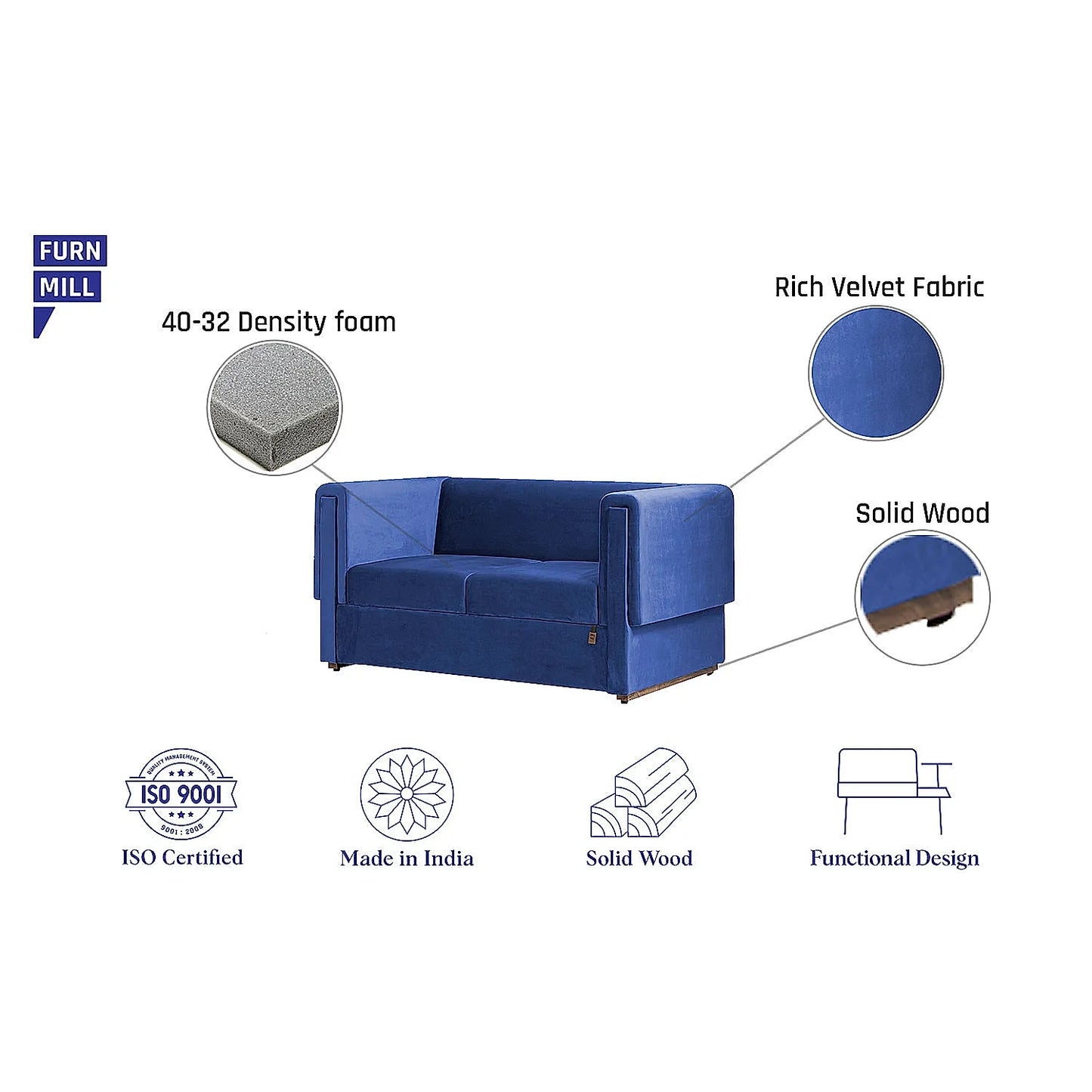 California 2 Seater Fabric Sofa (Velvet, Blue)