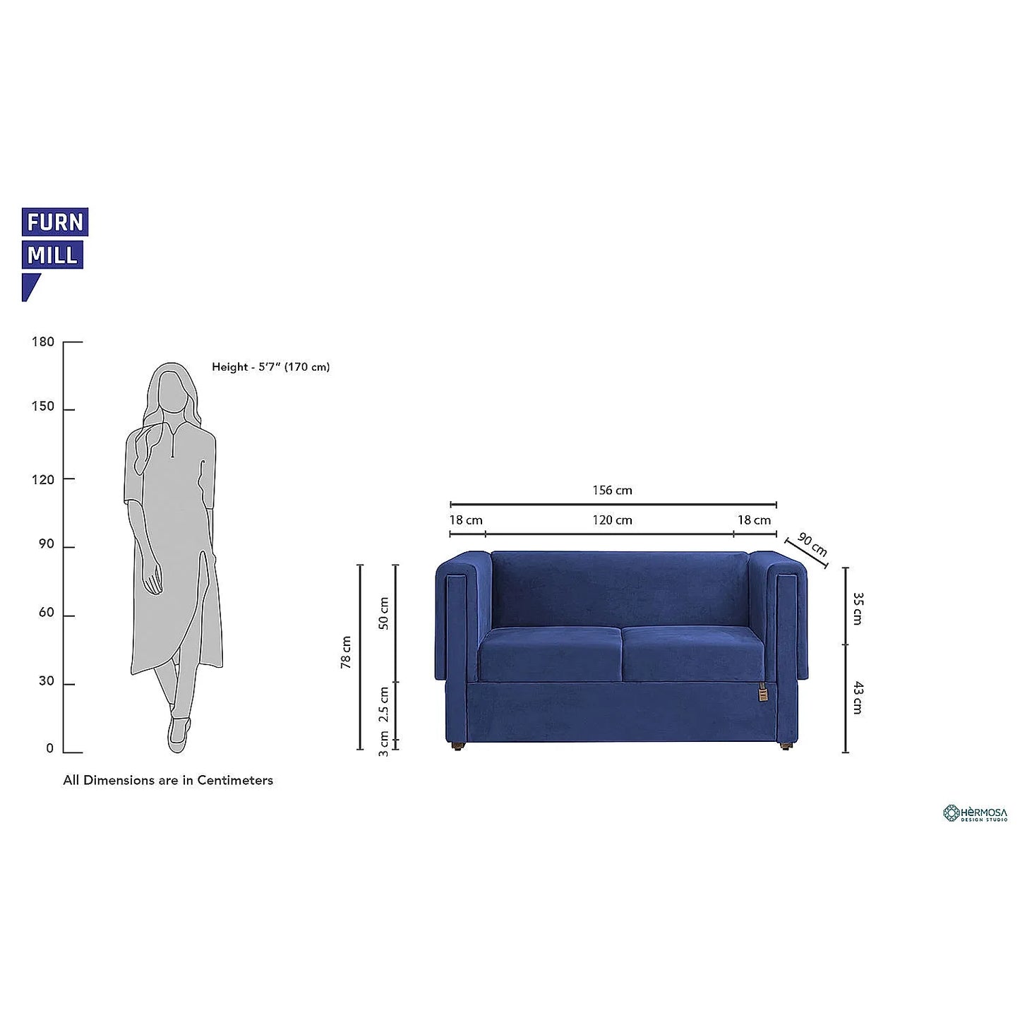 California 2 Seater Fabric Sofa (Velvet, Blue)