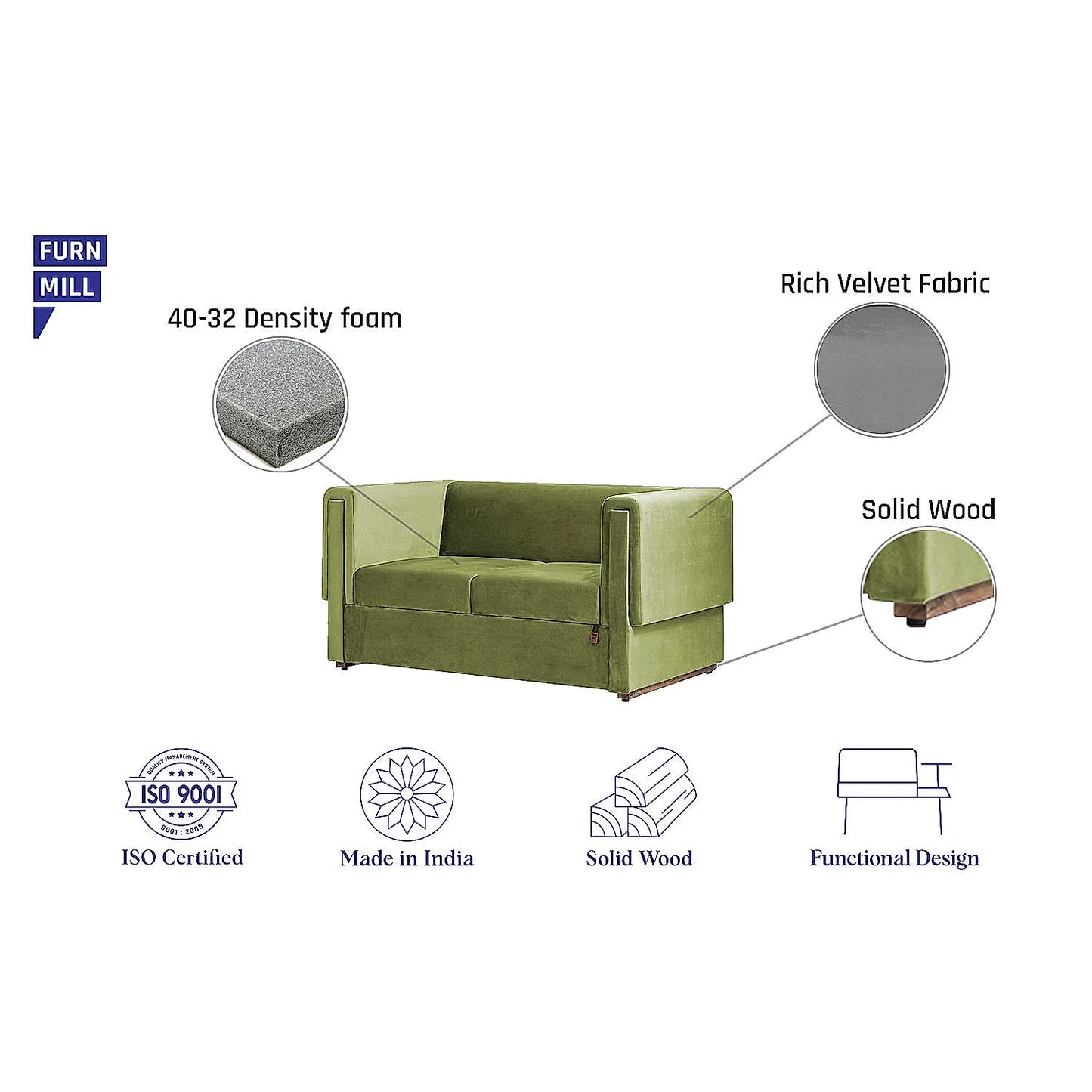 California 2 Seater Fabric Sofa (Velvet, Green)