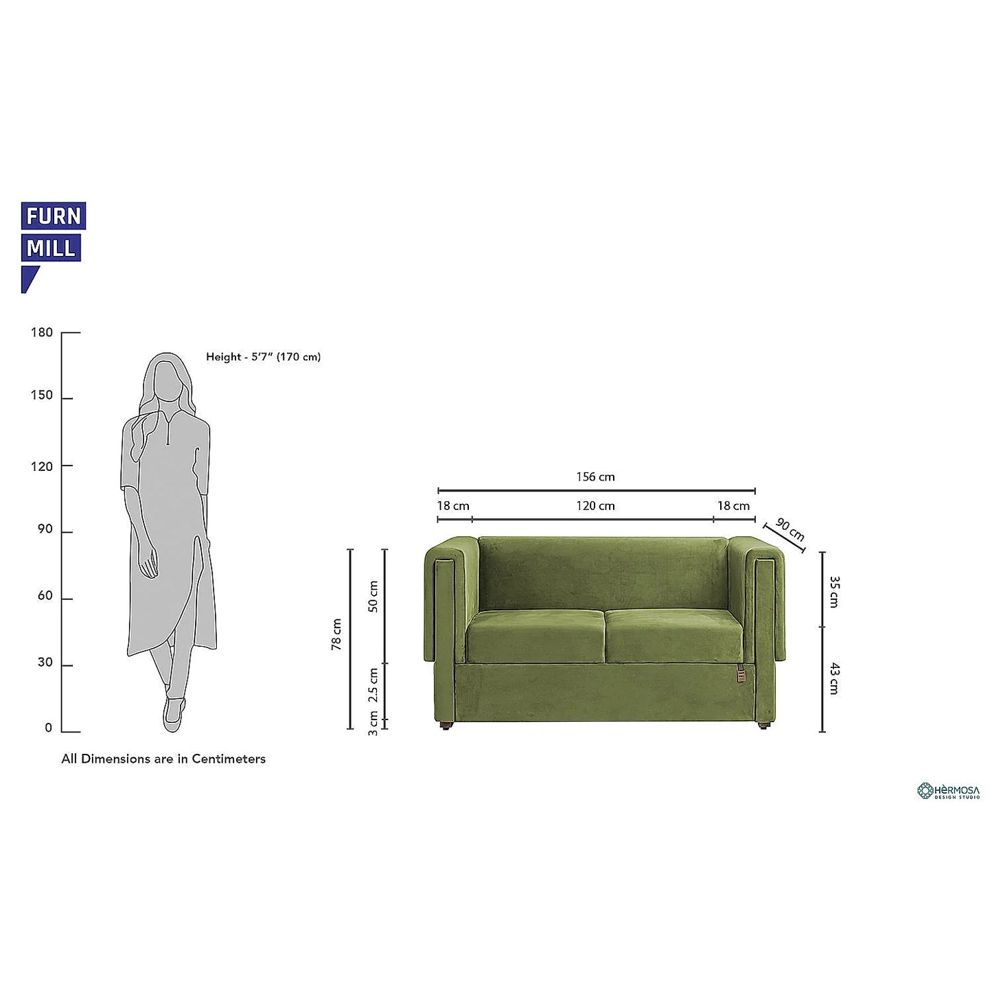 California 2 Seater Fabric Sofa (Velvet, Green)