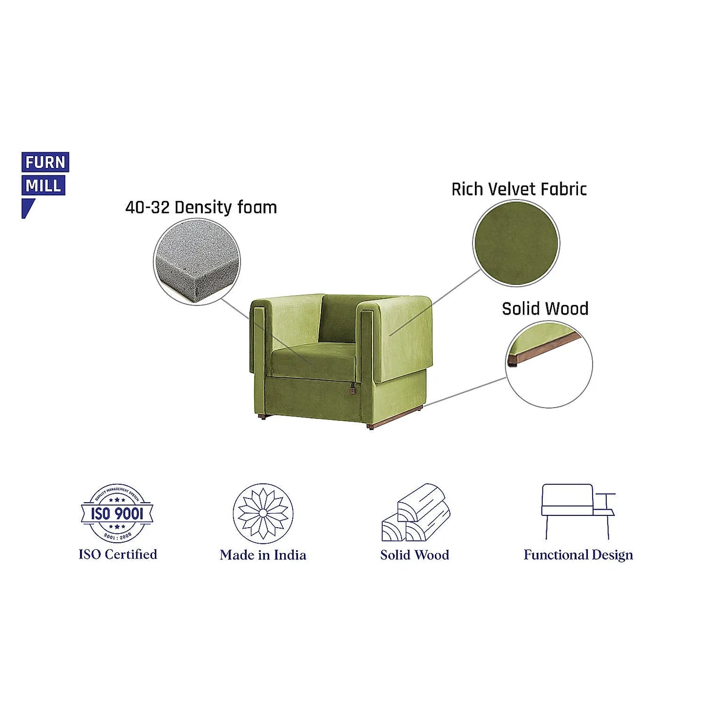 California 1 Seater Fabric Sofa (Velvet, Green)