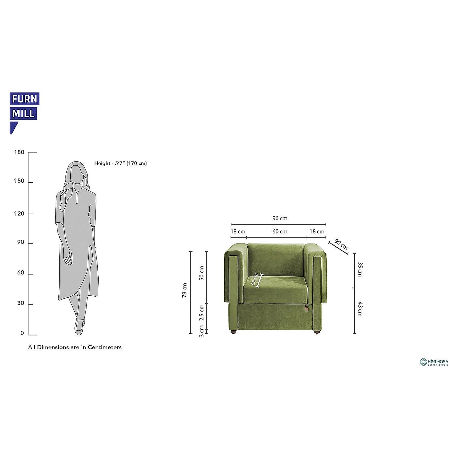 California 1 Seater Fabric Sofa (Velvet, Green)