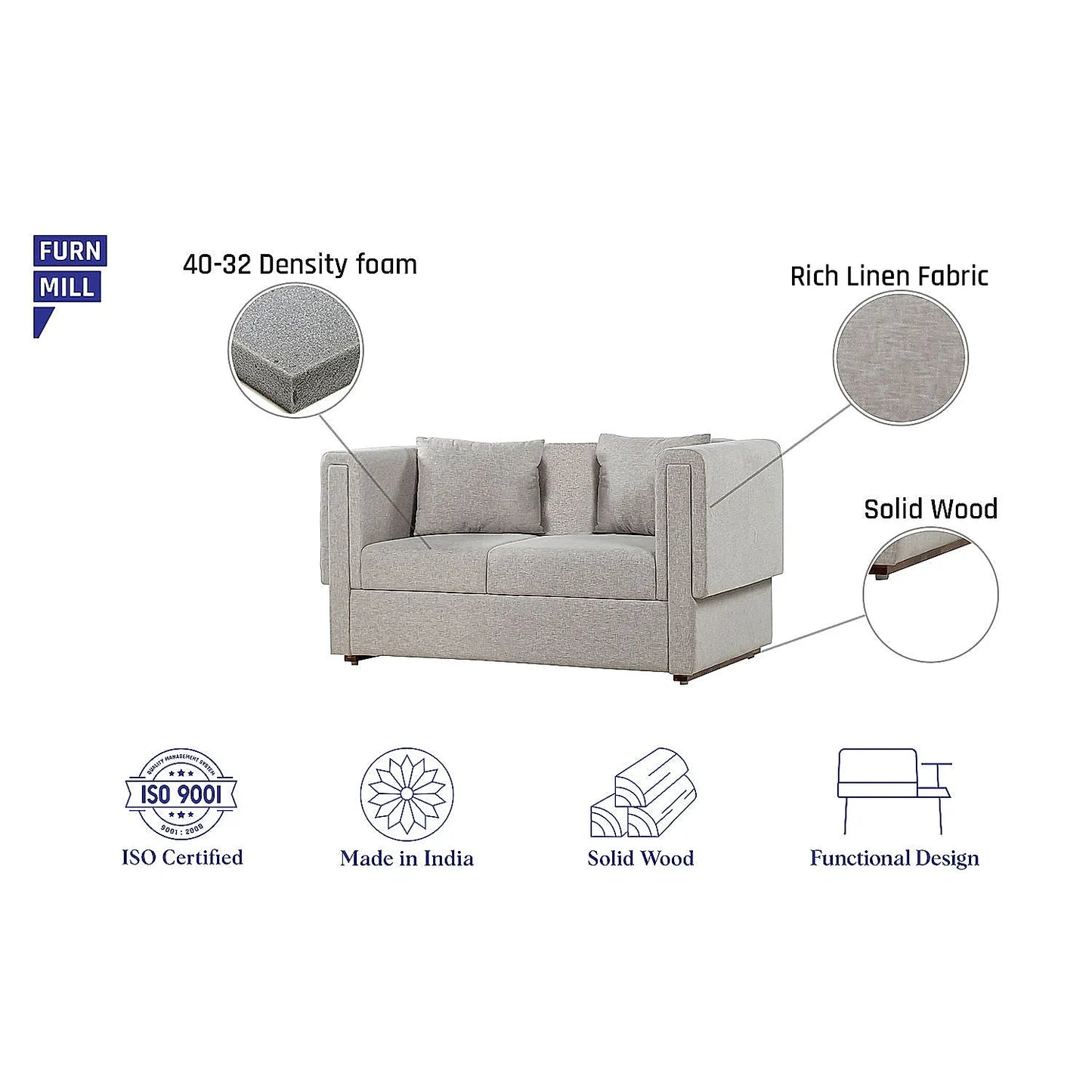 California 2 Seater Fabric Sofa (Linen, Grey)