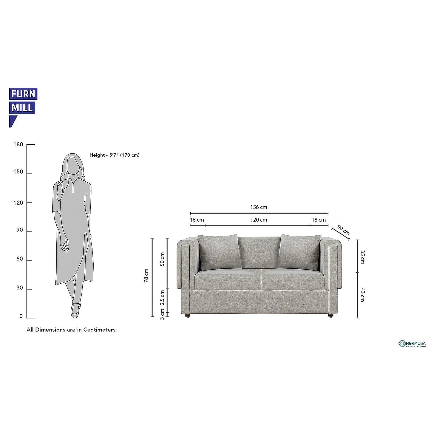California 2 Seater Fabric Sofa (Linen, Grey)