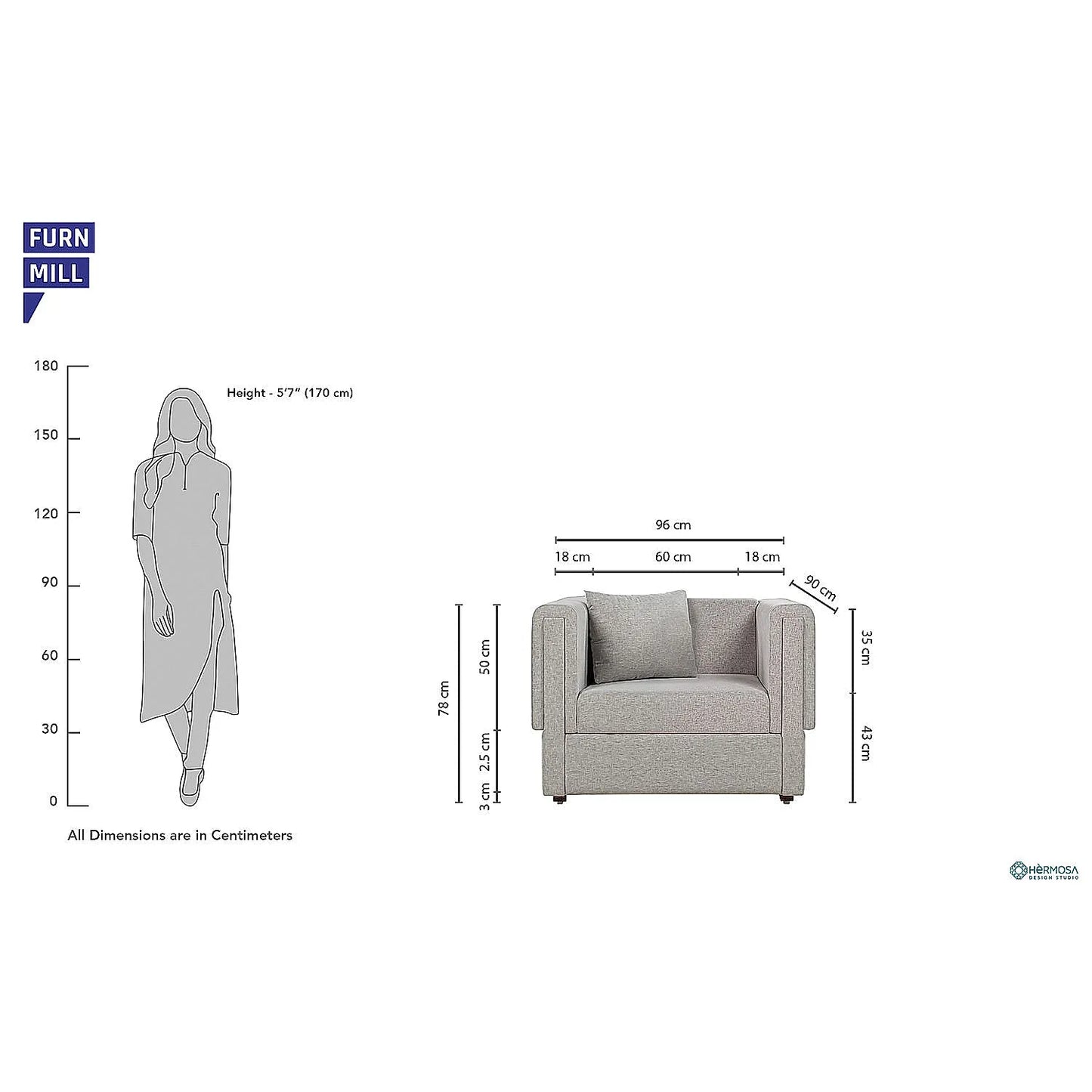 California 1 Seater Fabric Sofa (Linen, Grey)
