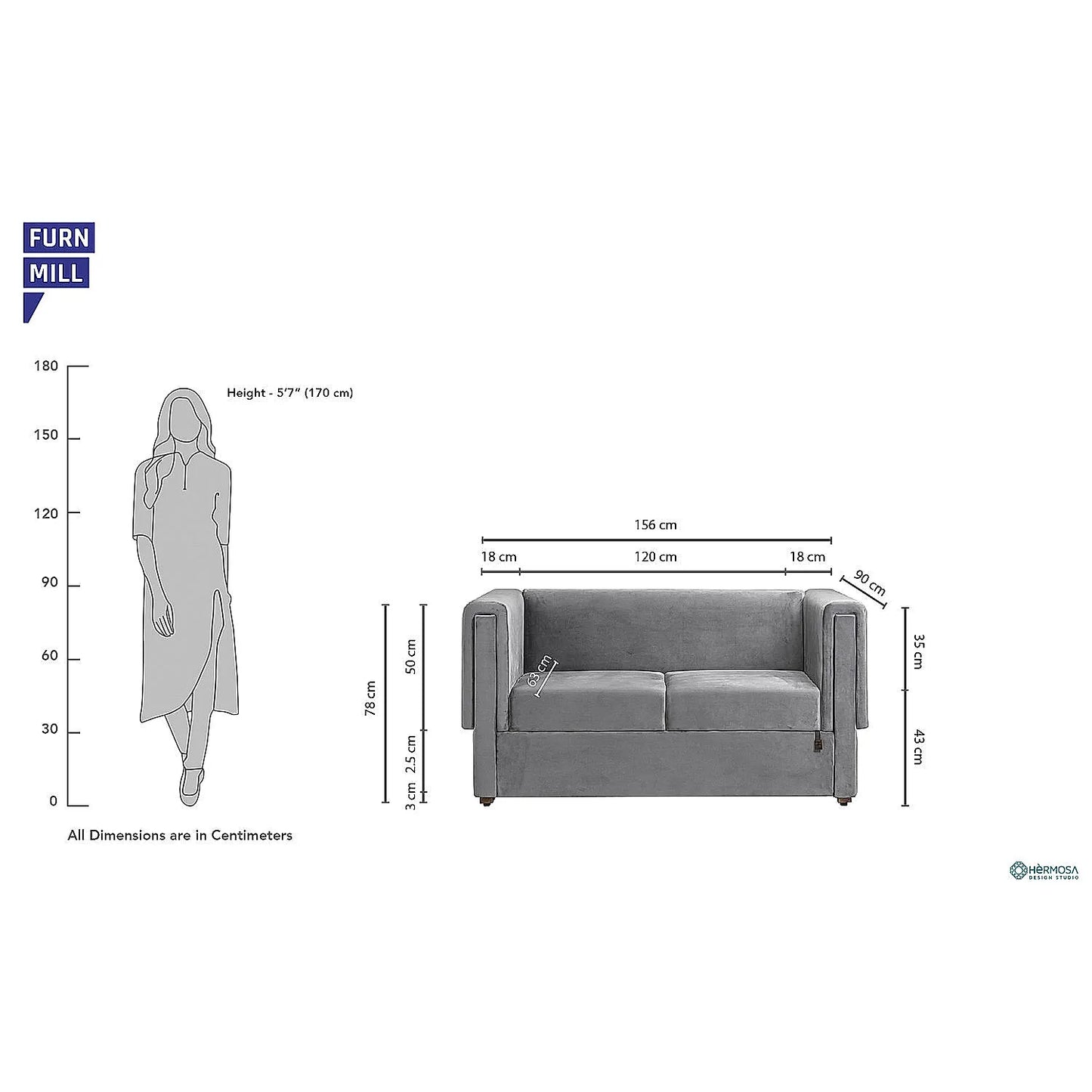 California 2 Seater Fabric Sofa (Velvet, Grey)