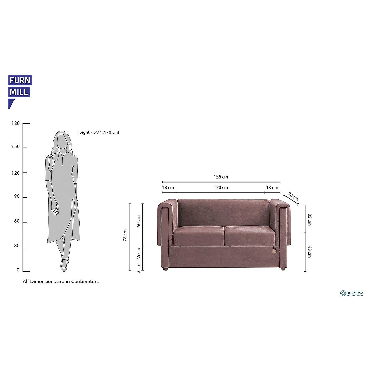 California 2 Seater Fabric Sofa (Velvet, Mauve)