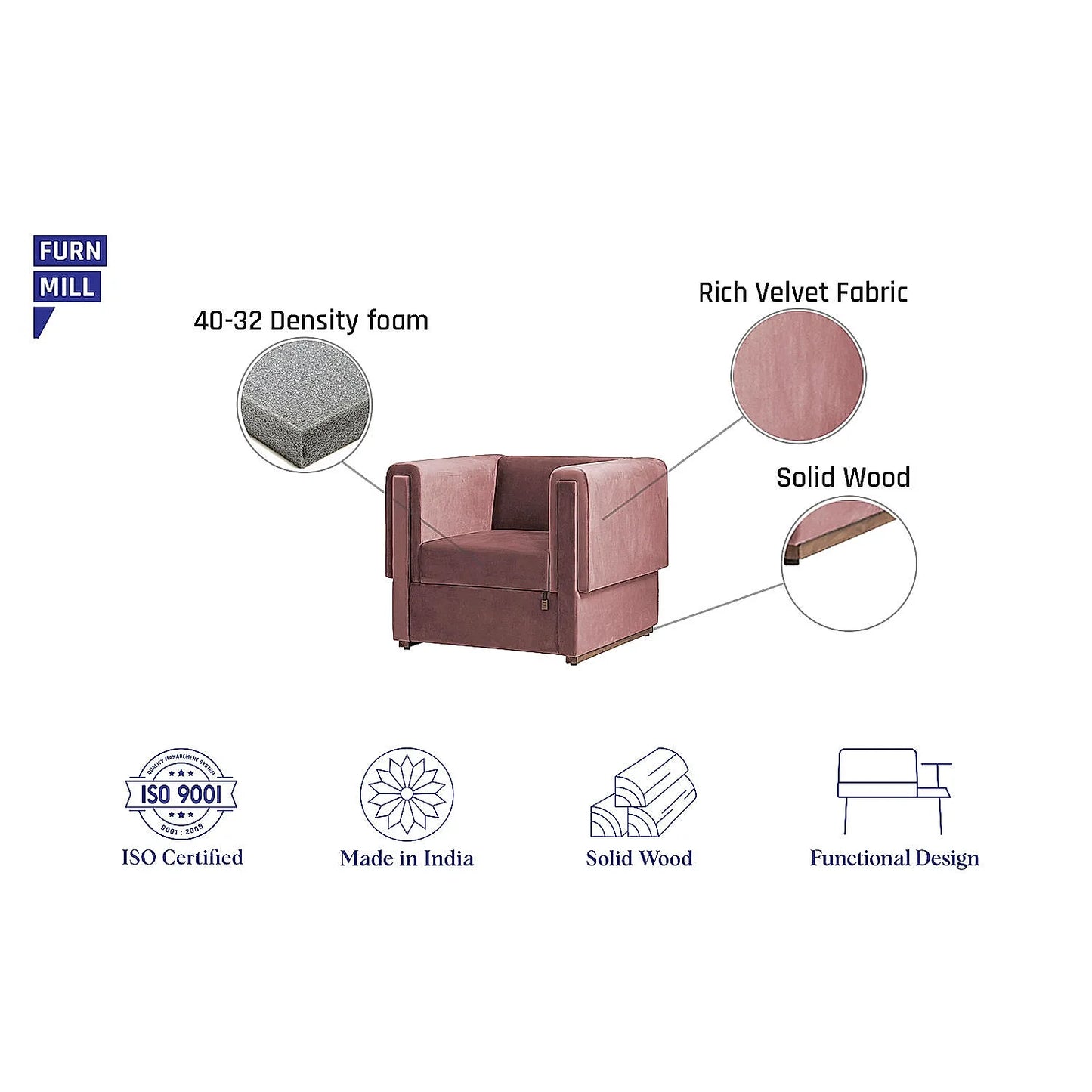 California 1 Seater Fabric Sofa (Velvet, Mauve)