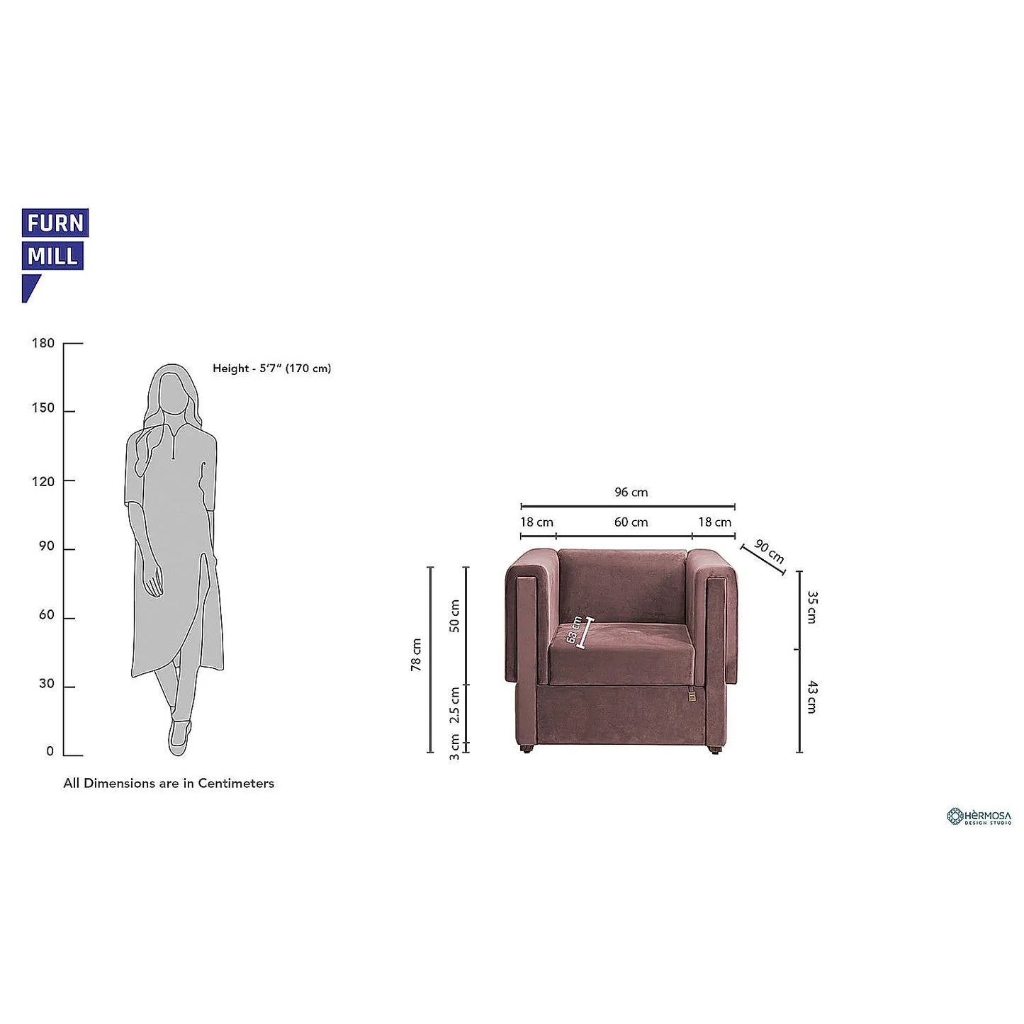 California 1 Seater Fabric Sofa (Velvet, Mauve)