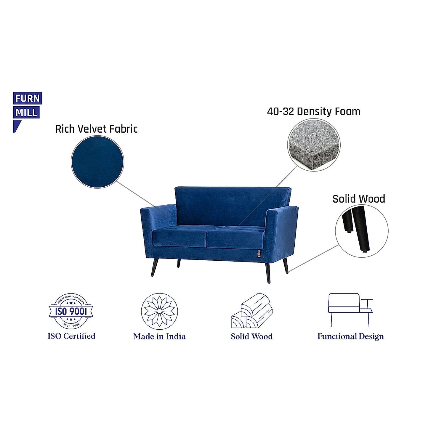 Cairo Wooden 2 Seater Sofa (Velvet, Blue)