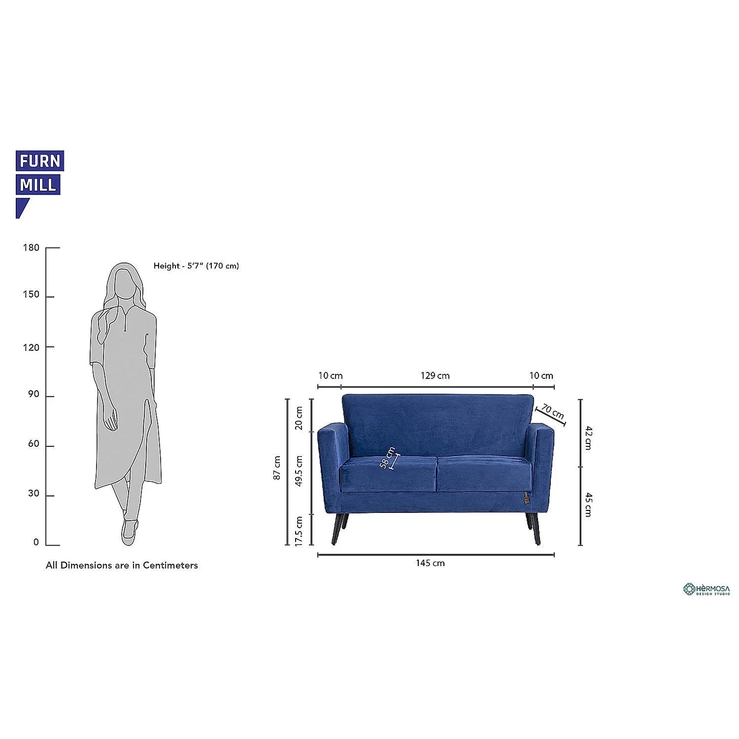 Cairo Wooden 2 Seater Sofa (Velvet, Blue)