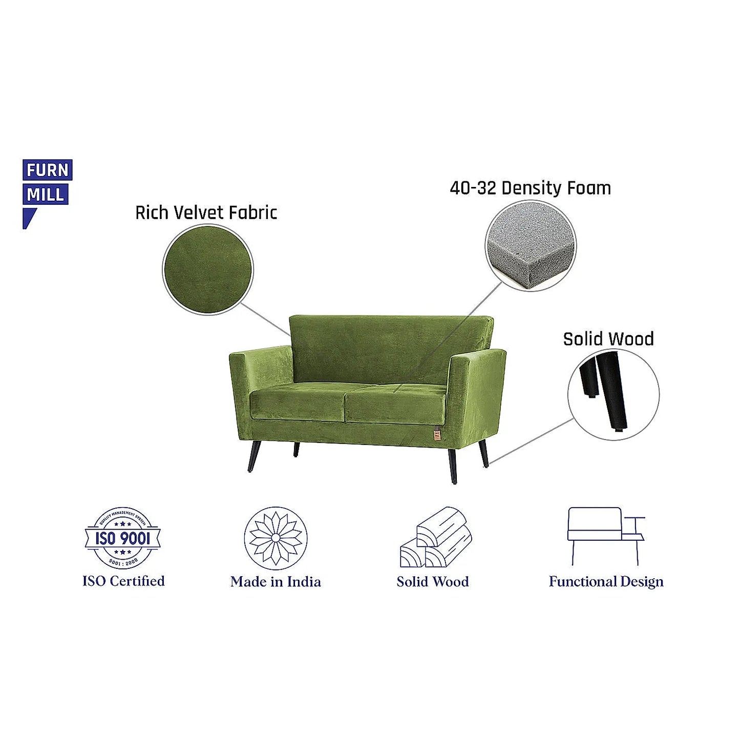 Cairo Wooden 2 Seater Sofa (Velvet, Green)