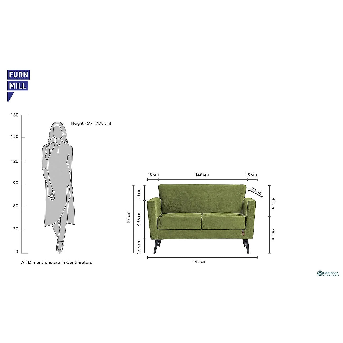 Cairo Wooden 2 Seater Sofa (Velvet, Green)