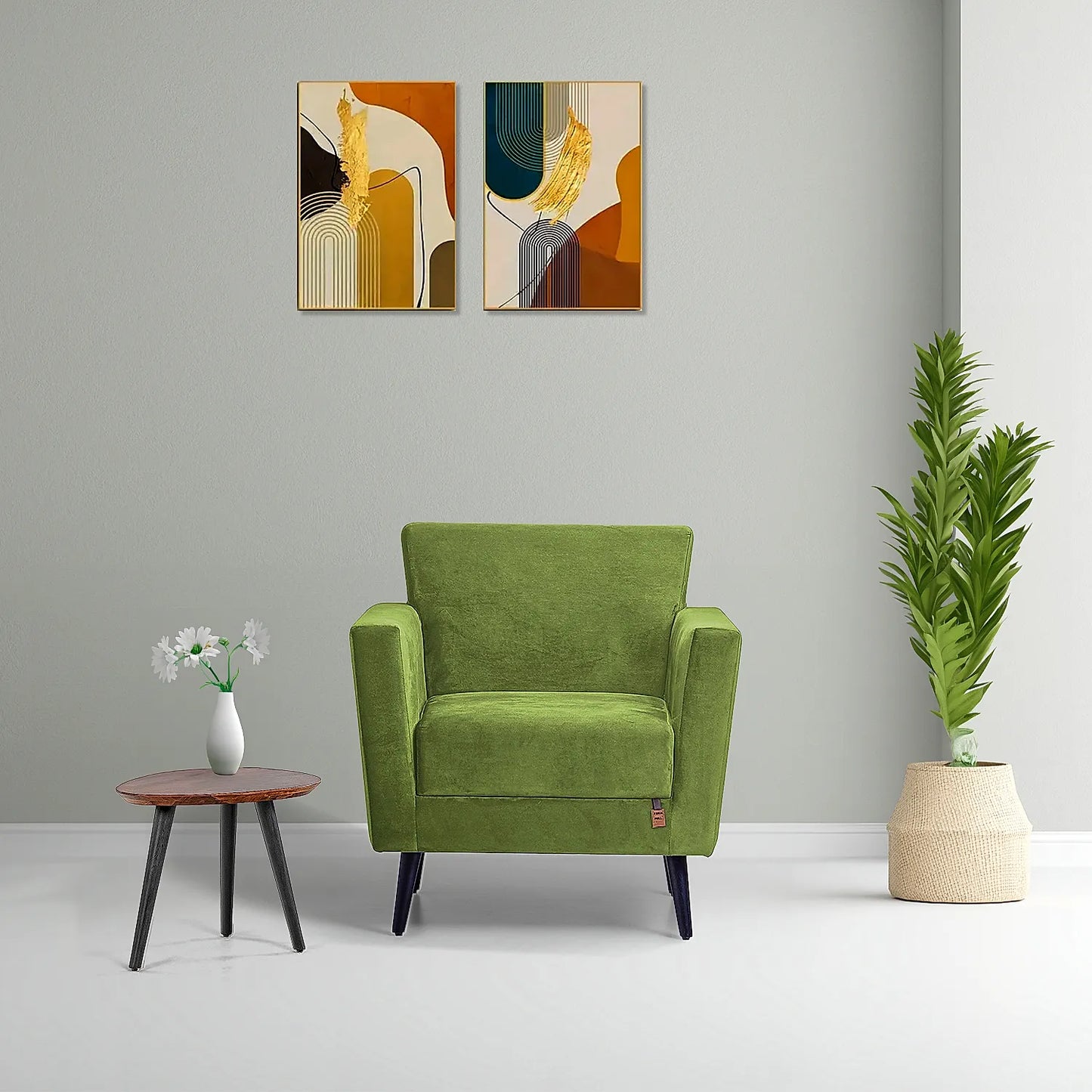 Cairo Wooden 1 Seater Sofa (Velvet, Green)