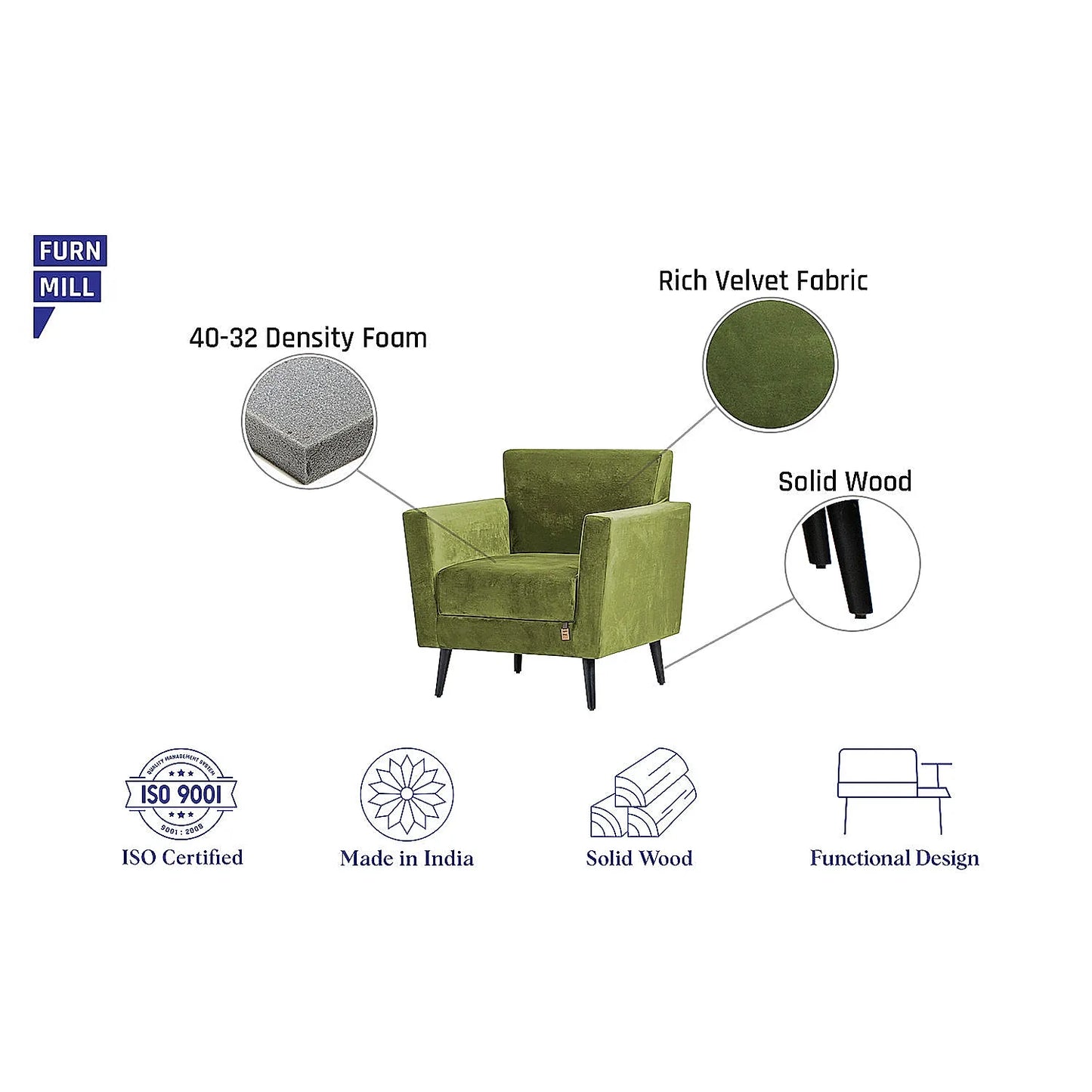 Cairo Wooden 1 Seater Sofa (Velvet, Green)