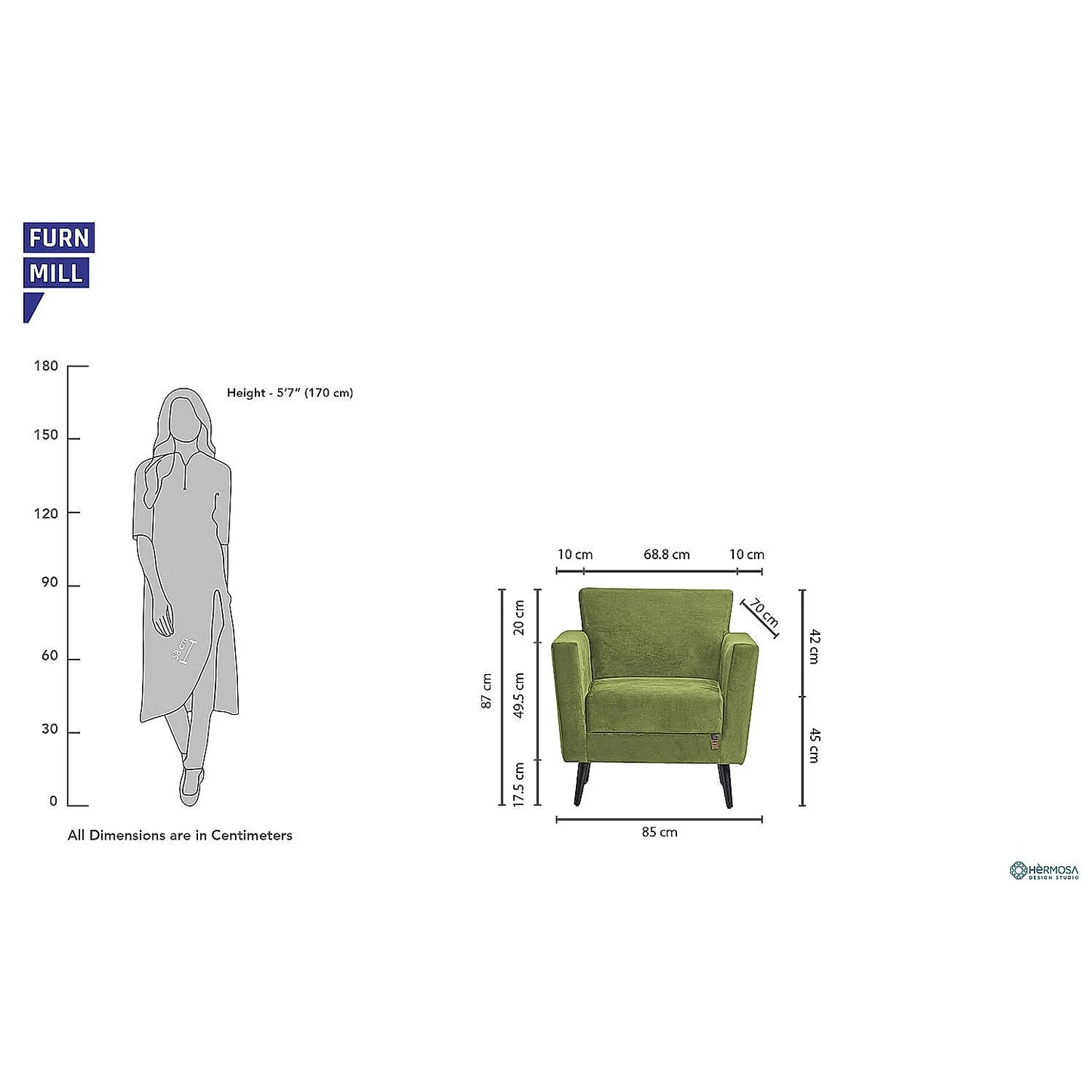 Cairo Wooden 1 Seater Sofa (Velvet, Green)