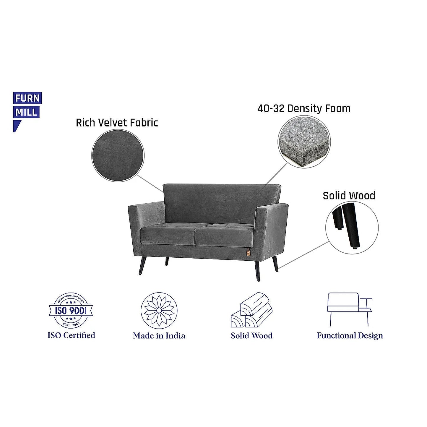 Cairo Wooden 2 Seater Sofa (Velvet, Grey)