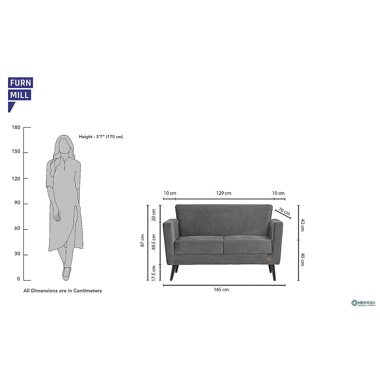 Cairo Wooden 2 Seater Sofa (Velvet, Grey)