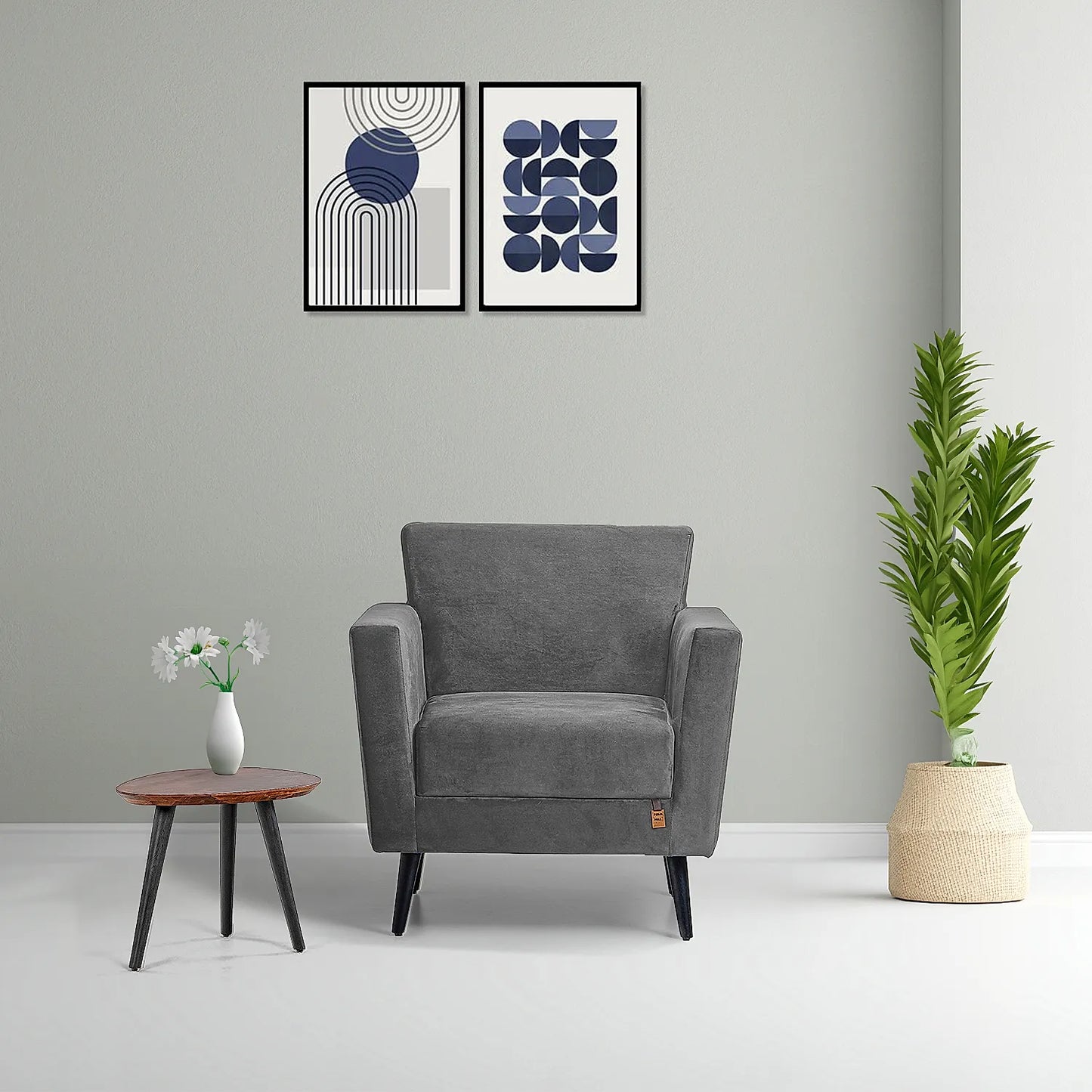 Cairo Wooden 1 Seater Sofa (Velvet, Grey)