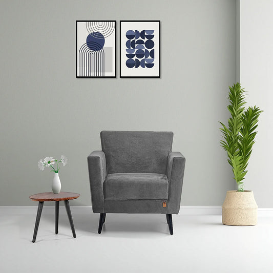 Cairo Wooden 1 Seater Sofa (Velvet, Grey)