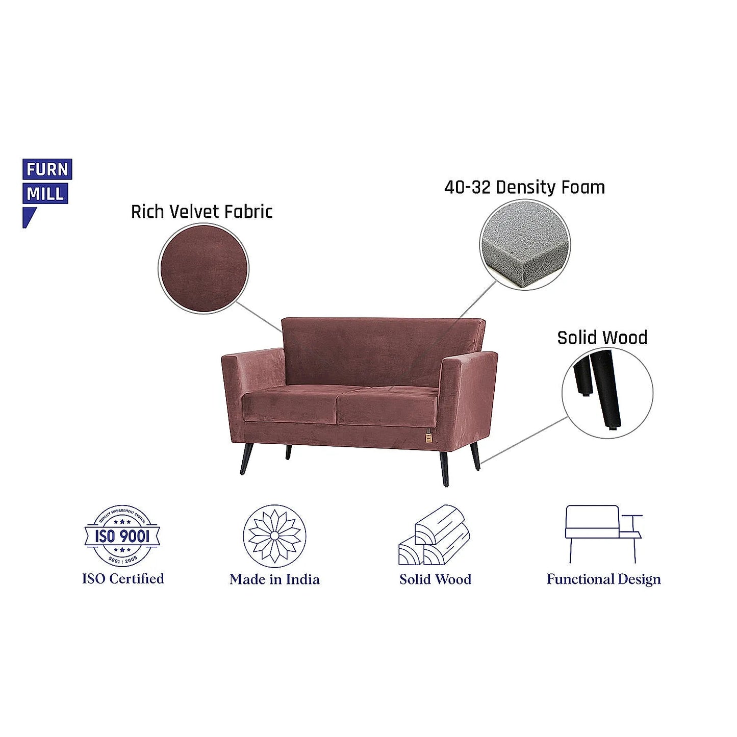 Cairo Wooden 2 Seater Sofa (Velvet, Mauve)