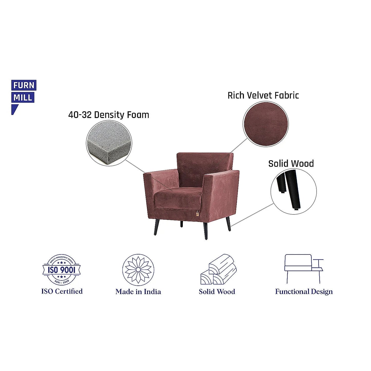 Cairo Wooden 1 Seater Sofa (Velvet, Mauve)